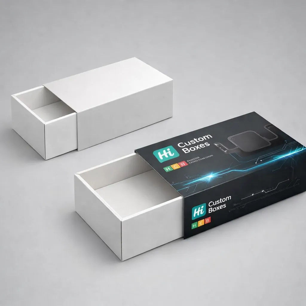 Two rectangular slider boxes, featuring one plain white drawer and one black branded outer sleeve. class=